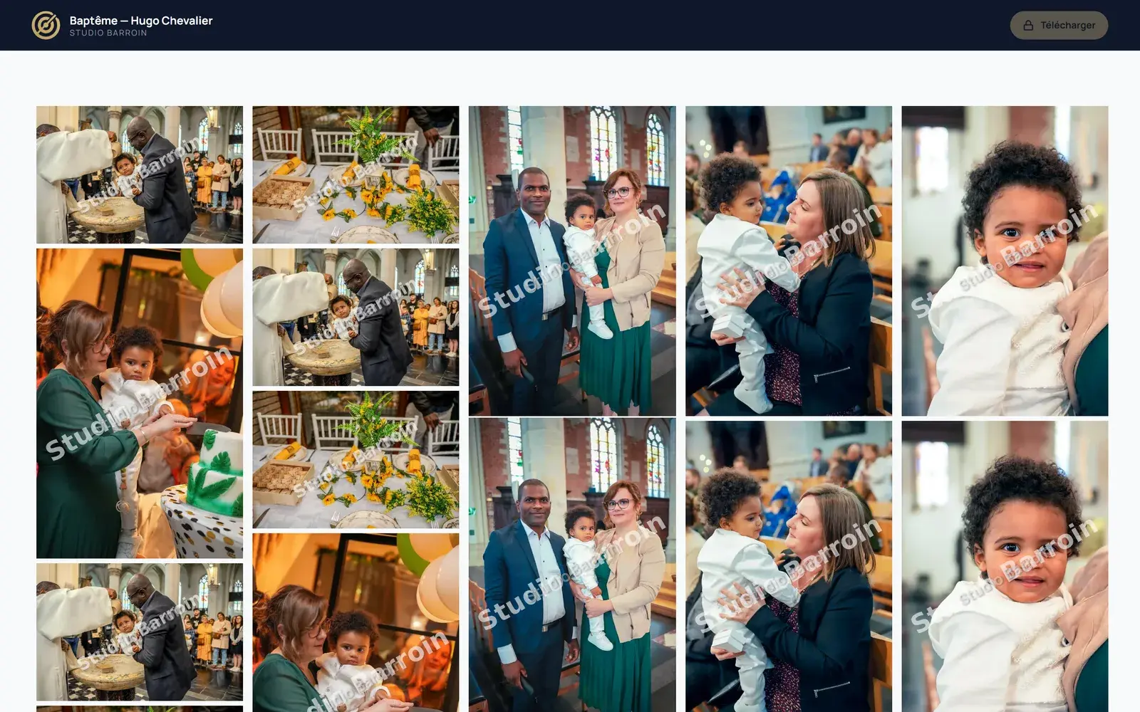 Galerie client affichant les photos d’une séance, prêtes à être sélectionnées.