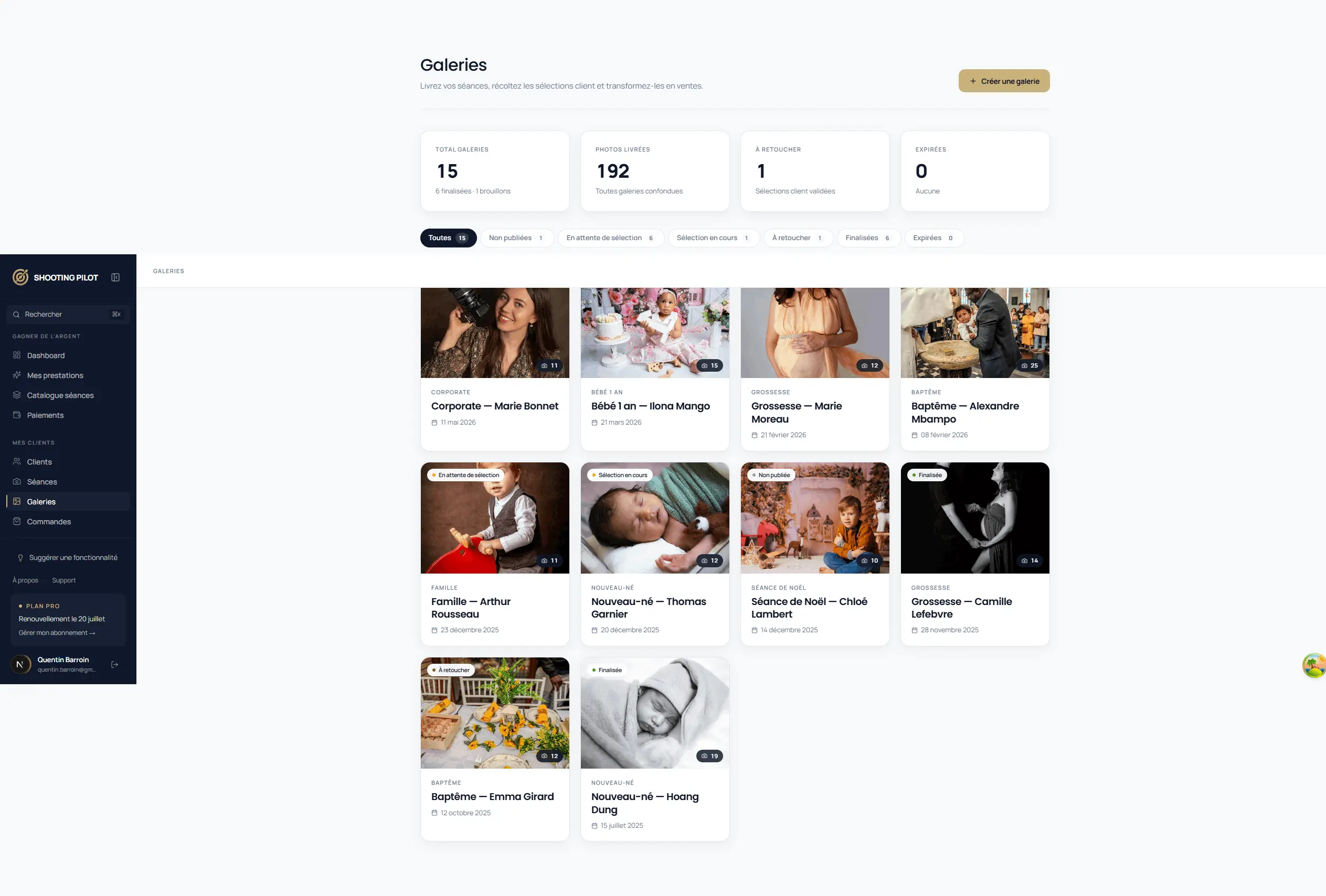 Liste des galeries clients Shooting Pilot avec vignettes, statuts et compteurs de photos.