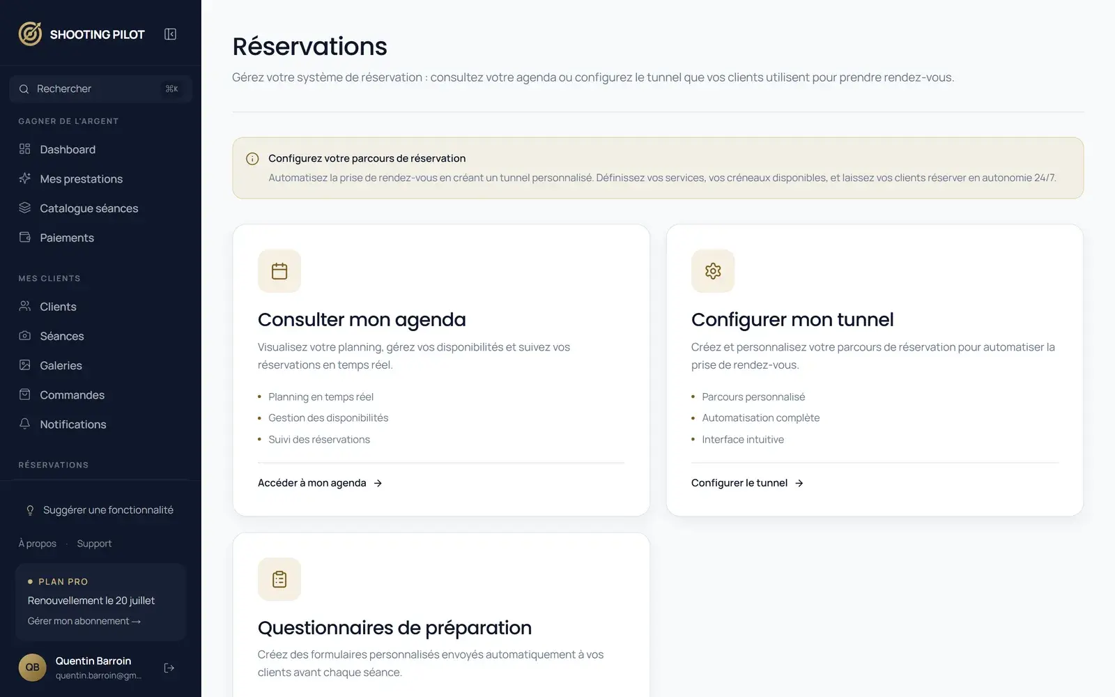 Agenda des reservations dans Shooting Pilot.