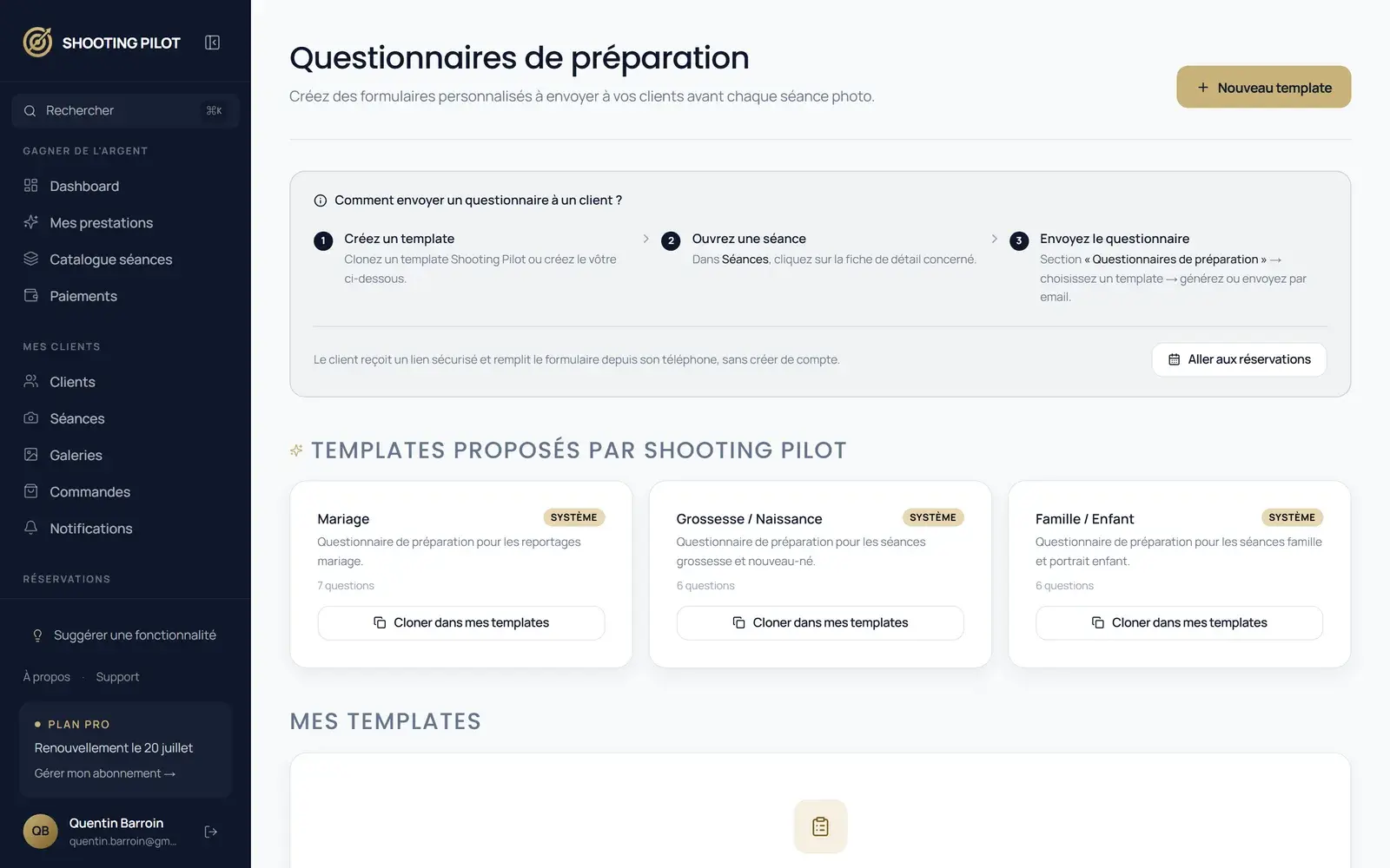 Écran des questionnaires clients.